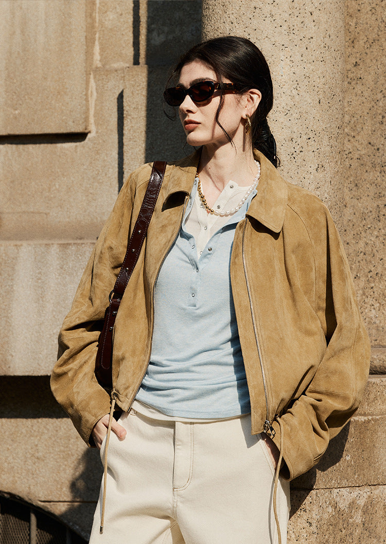 Tan Real Suede Leather Jacket for Women with Drawstring Hem