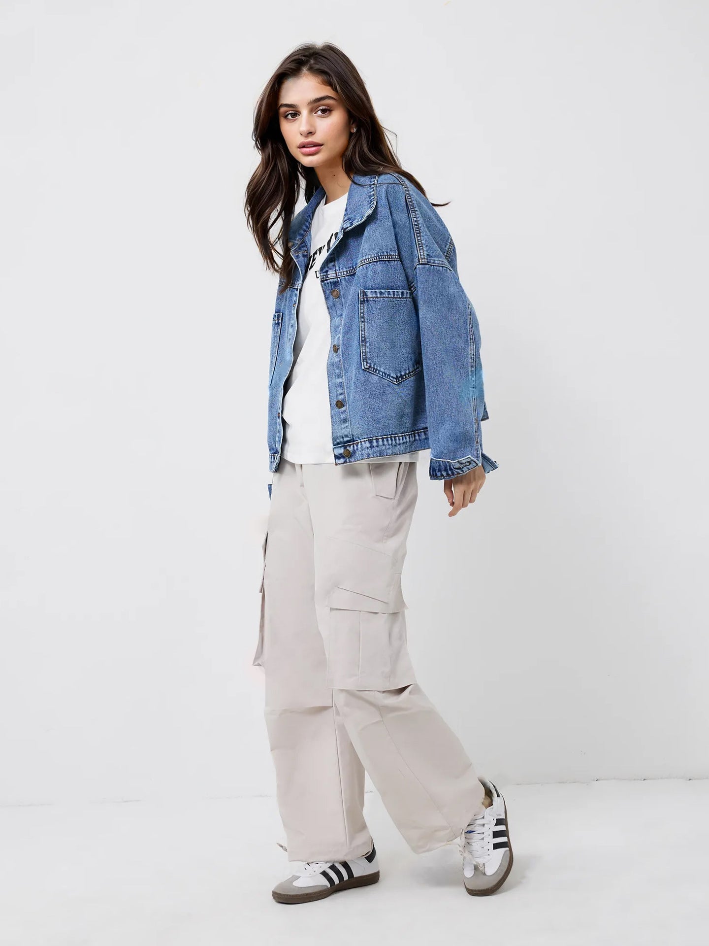 oversized denim jacket women dual pocket