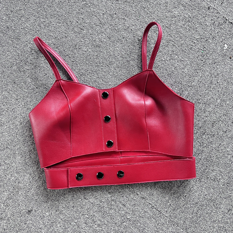 Leather Camisole Vest Cropped Corset Top with Snap Belt