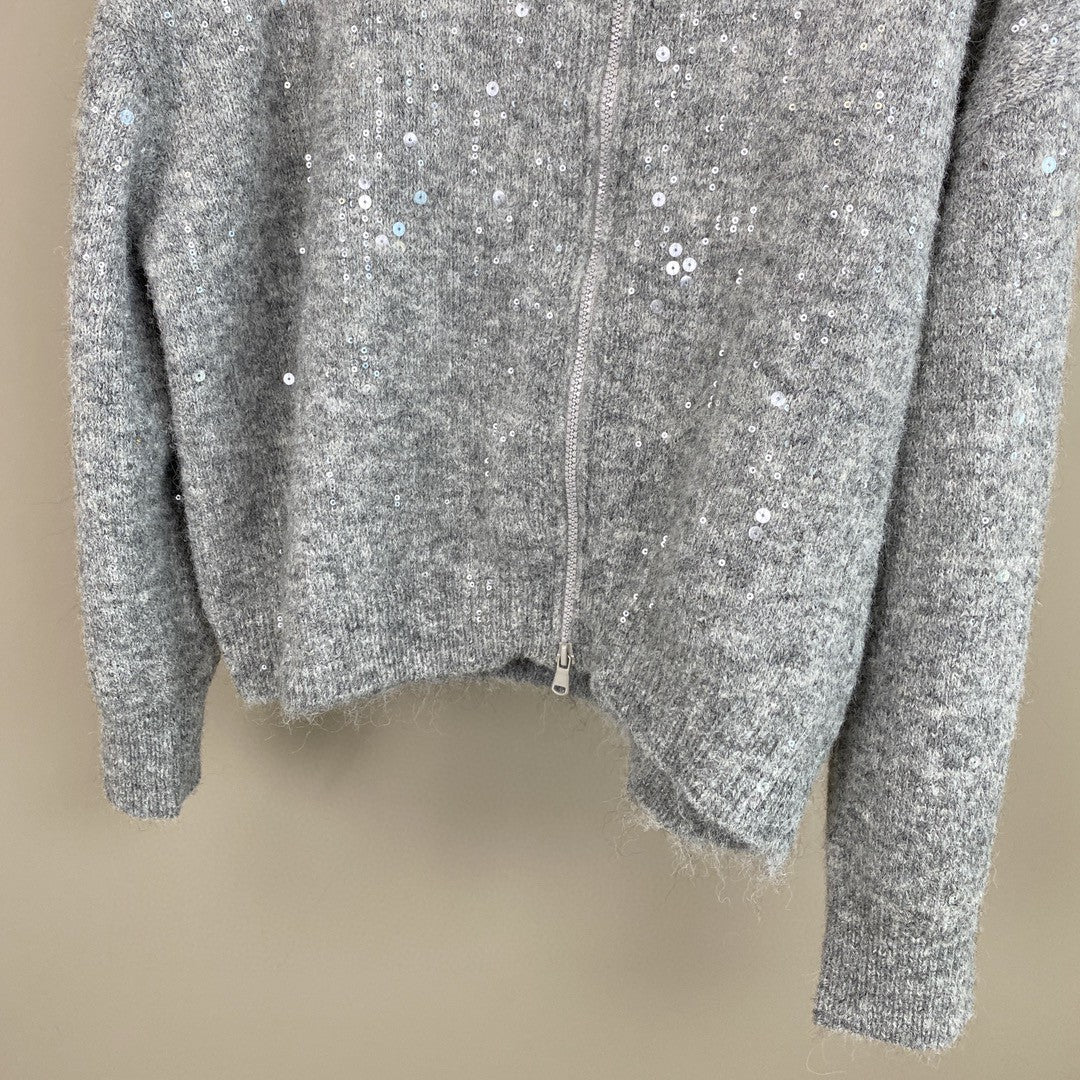 Women Mohair Cashmere Sequin Zip Cardigan Hoodie