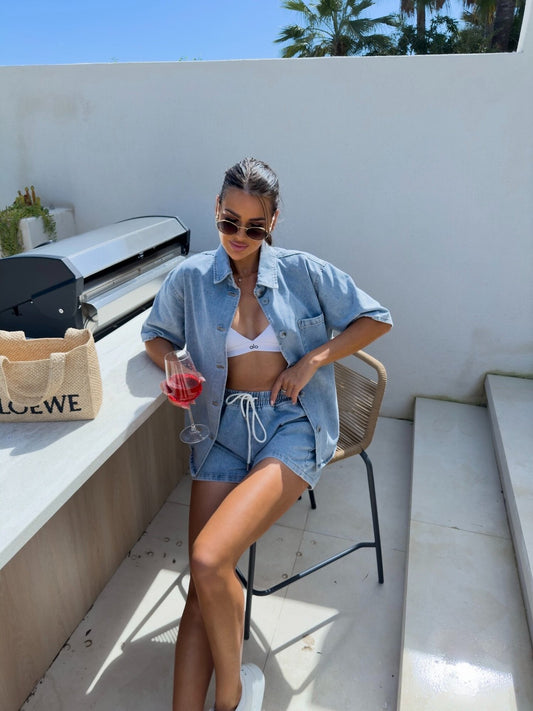 Two Piece Denim Short Set Shirt and Shorts