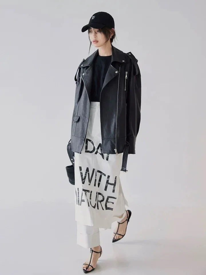 Women Oversized Genuine Leather Motorcycle Jacket Retro Washed