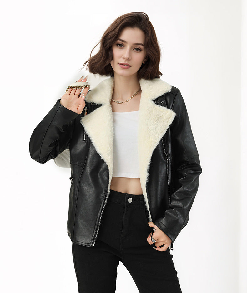 Women Faux Leather Moto Biker Jacket with White Fur Lining