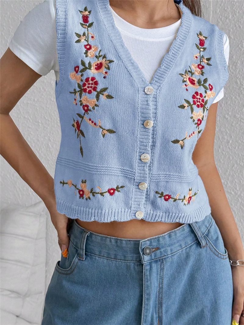 Embroidered Knitted Sweater Women’s Vest Floral Button Front Crop