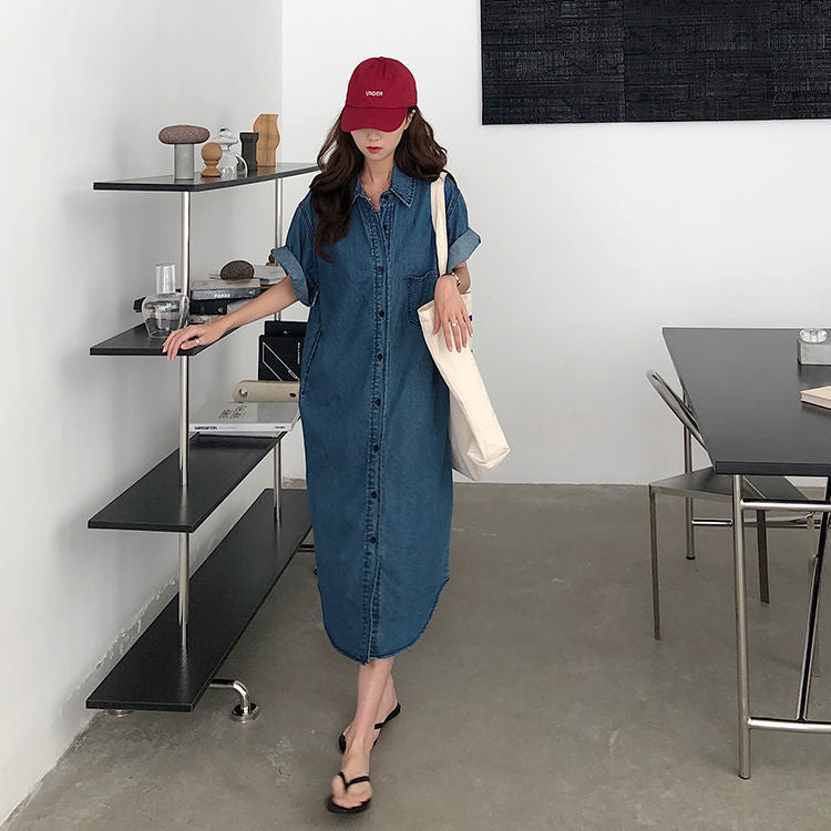 Short Sleeve Denim Shirt Dress for Women Loose Jean