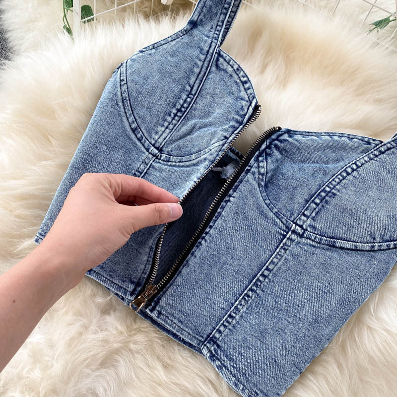 Women’s Denim Two Piece Skirt Set with Zipper Crop Top