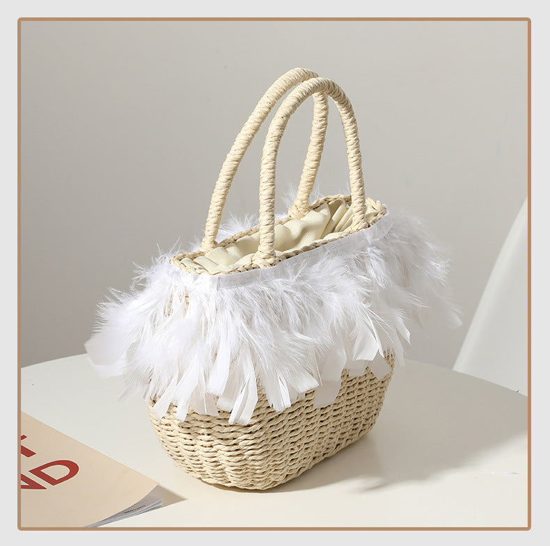 Woven Feather Straw Beach Bag White Fringe