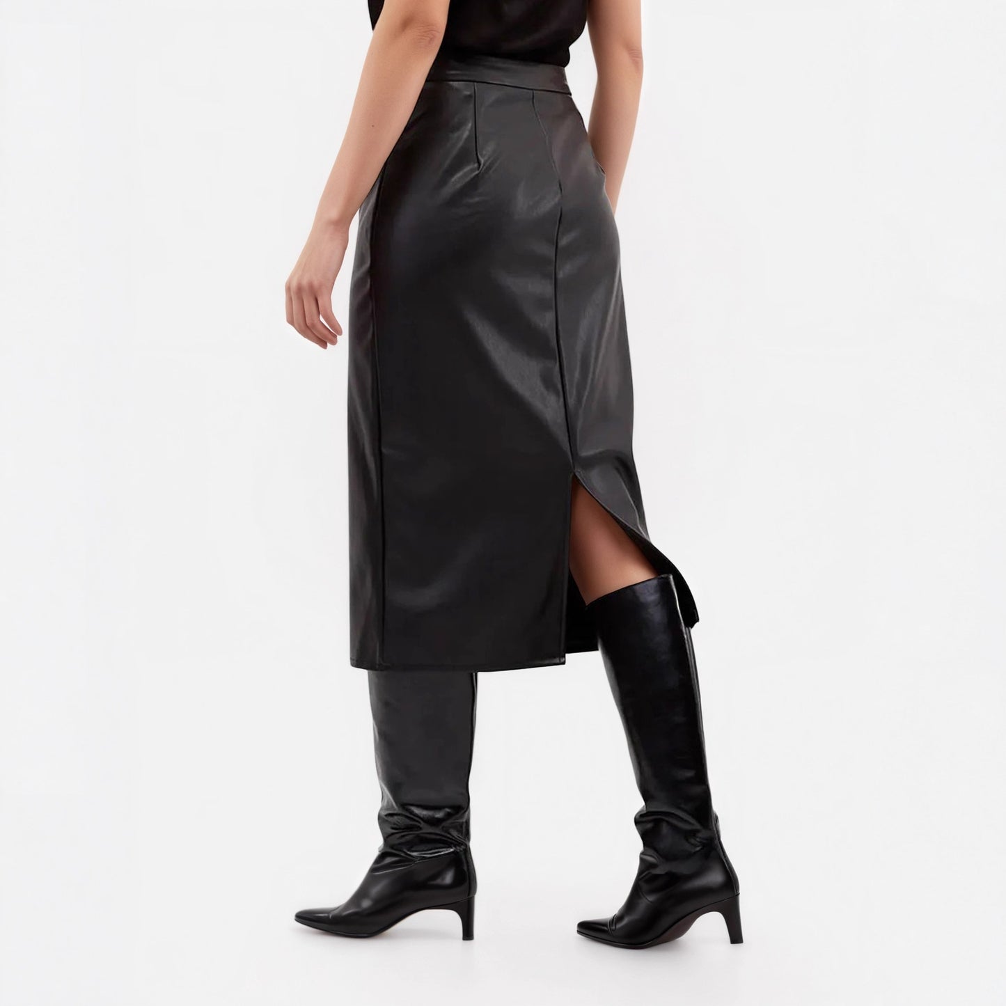 Black Faux Leather Pencil Skirt With Gold Buttons
