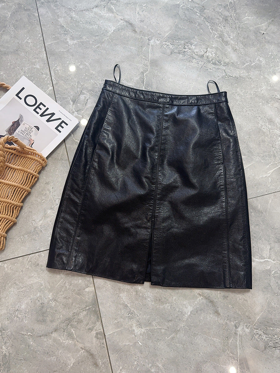 Genuine Leather Mini Skirt High Waist Slit
