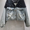 Women Spliced Denim Cropped Jacket with Lace Overlay