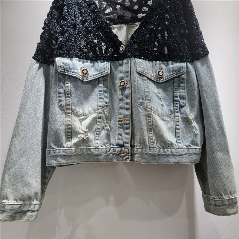 Women Spliced Denim Cropped Jacket with Lace Overlay