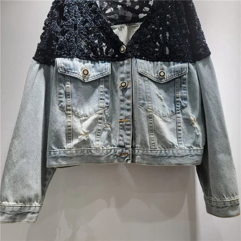 Women Spliced Denim Cropped Jacket with Lace Overlay