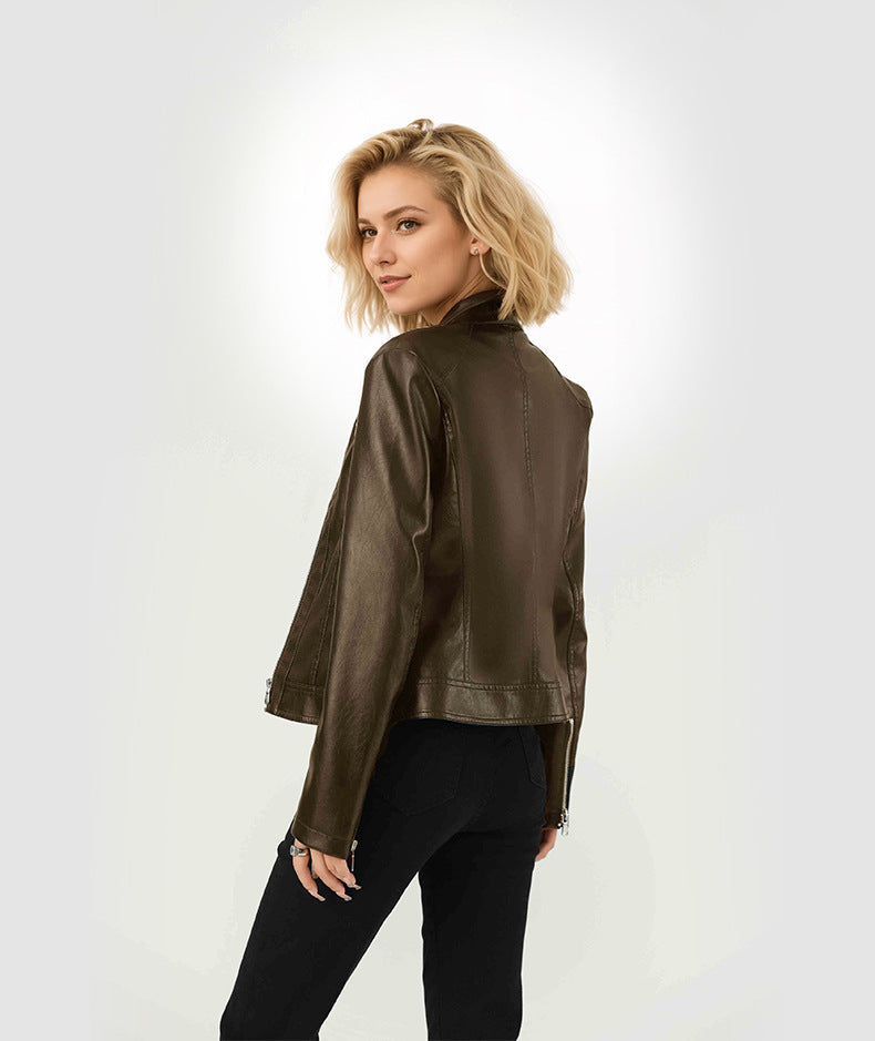 Slim Fit Faux Leather Moto Jacket for Women