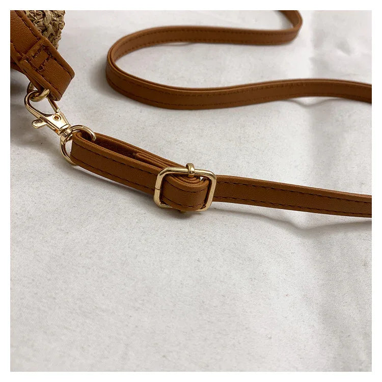 Straw Beach Bucket Bag for Women with Leather Strap