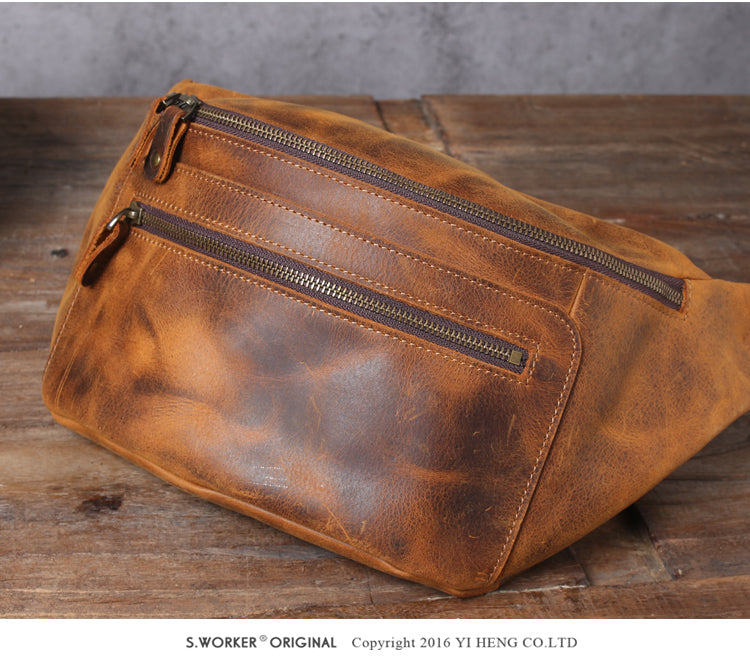 Men’s Crazy Horse Leather Chest Bag Waist Messenger
