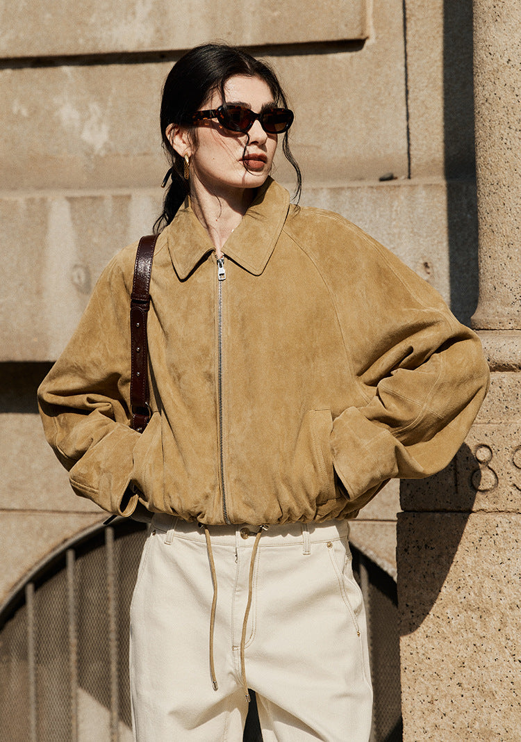 Tan Real Suede Leather Jacket for Women with Drawstring Hem