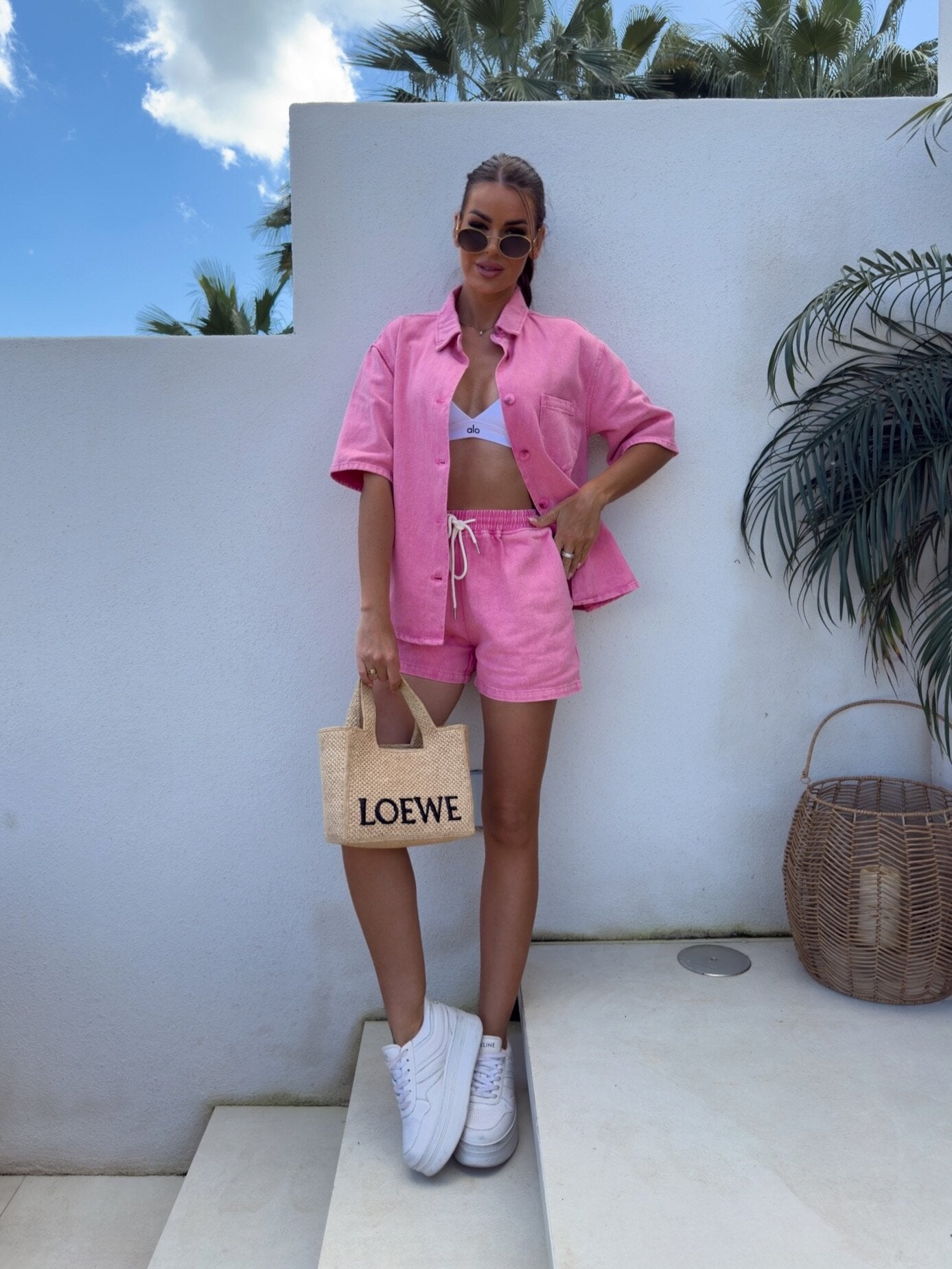 Pink Denim Two Piece Short Set for Women