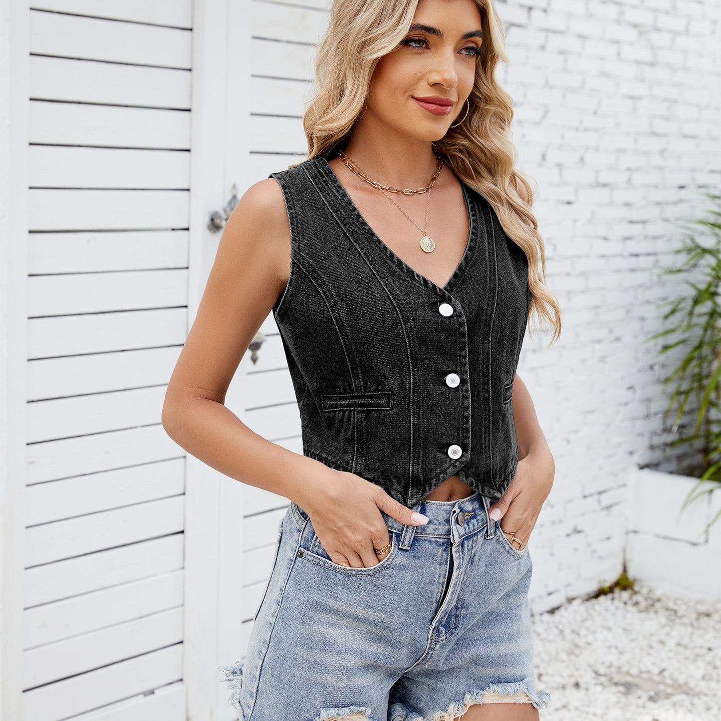 Women's Single Breasted Sleeveless Denim Vest