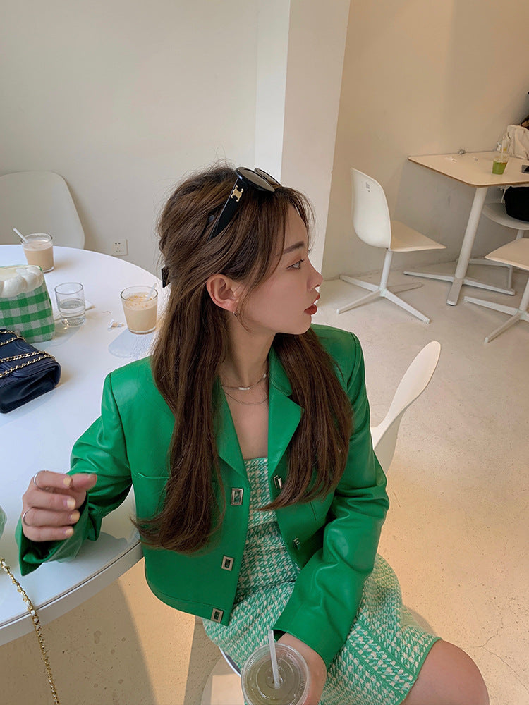 Women Leather Cropped Jacket Green Short Sheepskin Coat
