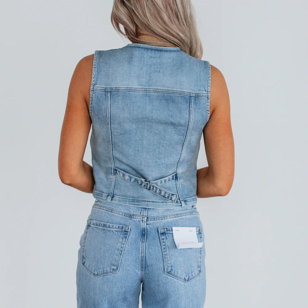 denim motorcycle vest with flap pockets