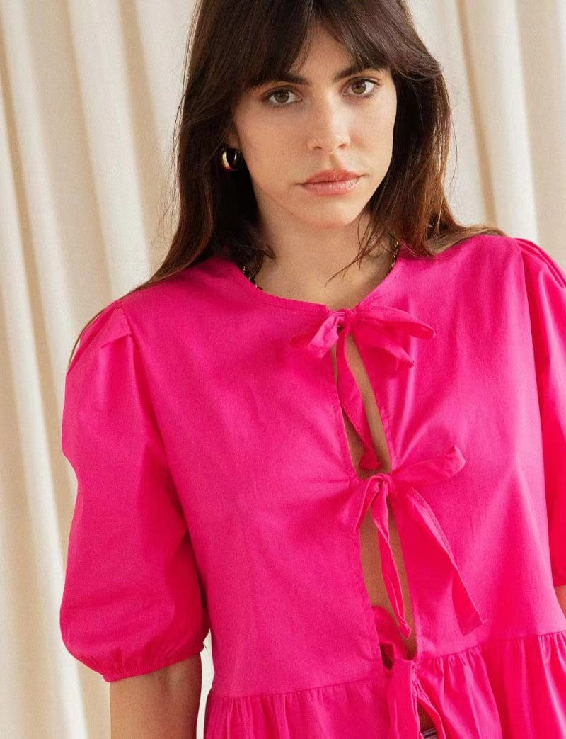 Women Puff Sleeve Bow Button Top Vintage Ruffle Hem Summer Blouse