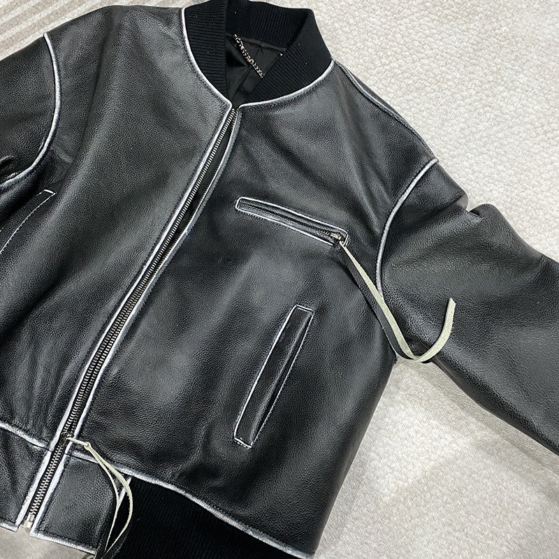 Women Leather Bomber Jacket Black Slim Fit Moto Coat