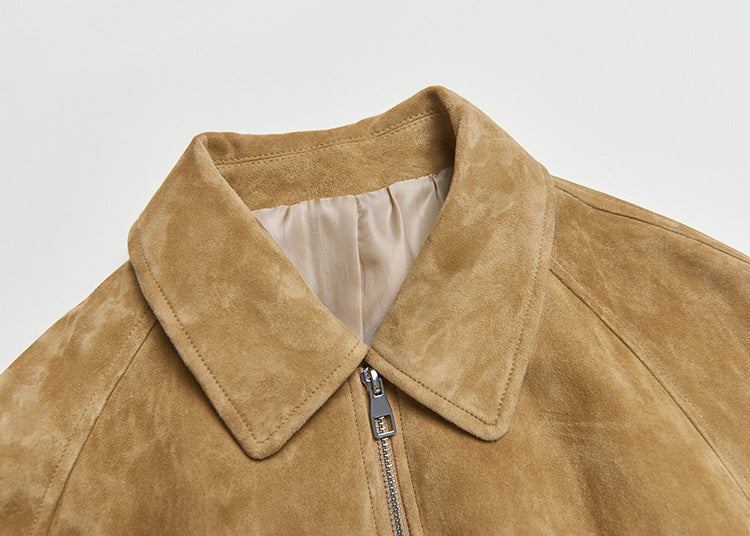 Tan Real Suede Leather Jacket for Women with Drawstring Hem