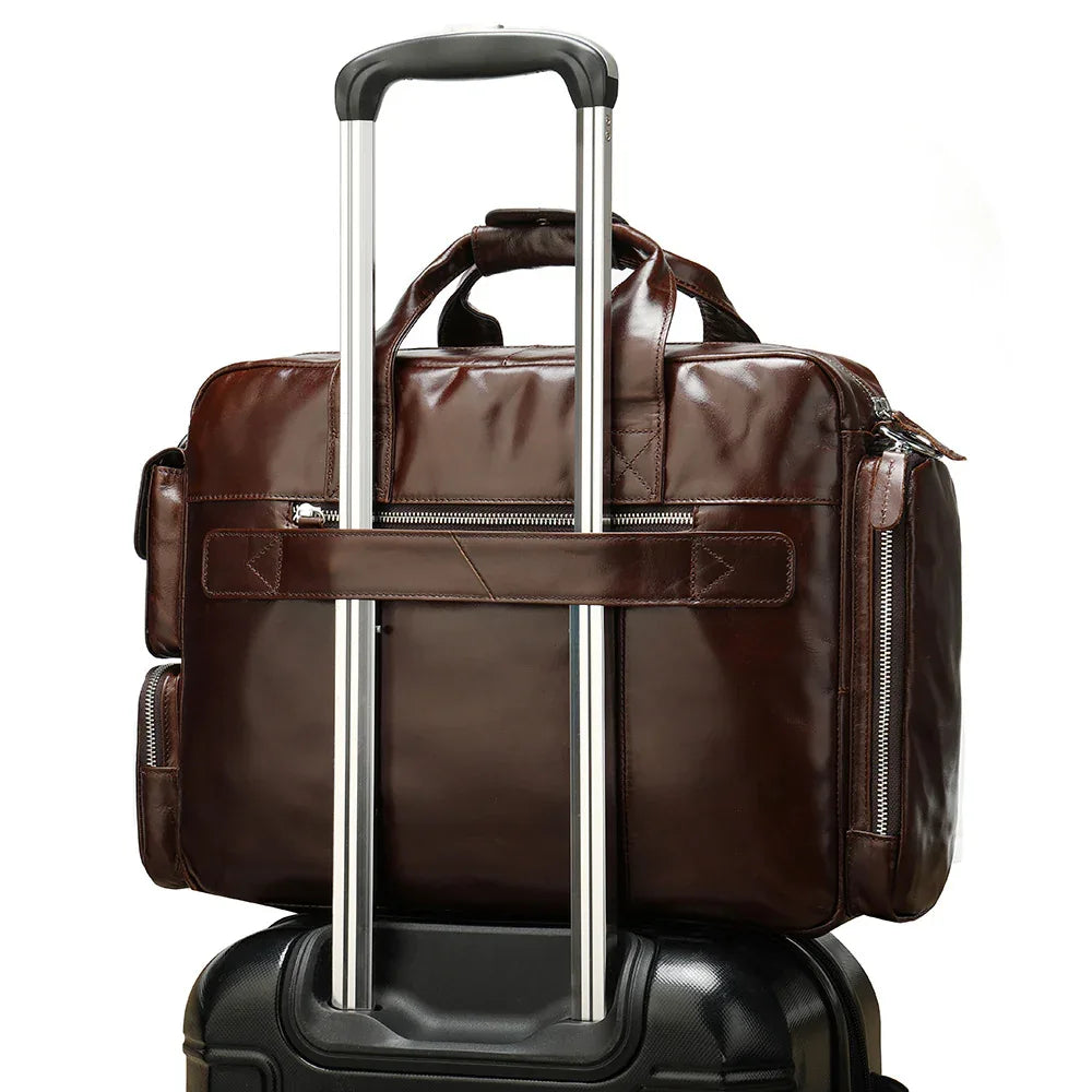 Genuine Leather Office Briefcase Bag with Suitcase Sleeve