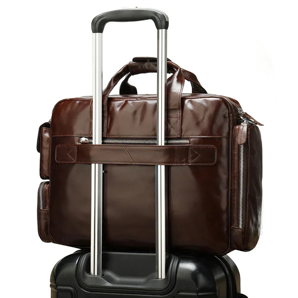 Genuine Leather Office Briefcase Bag with Suitcase Sleeve