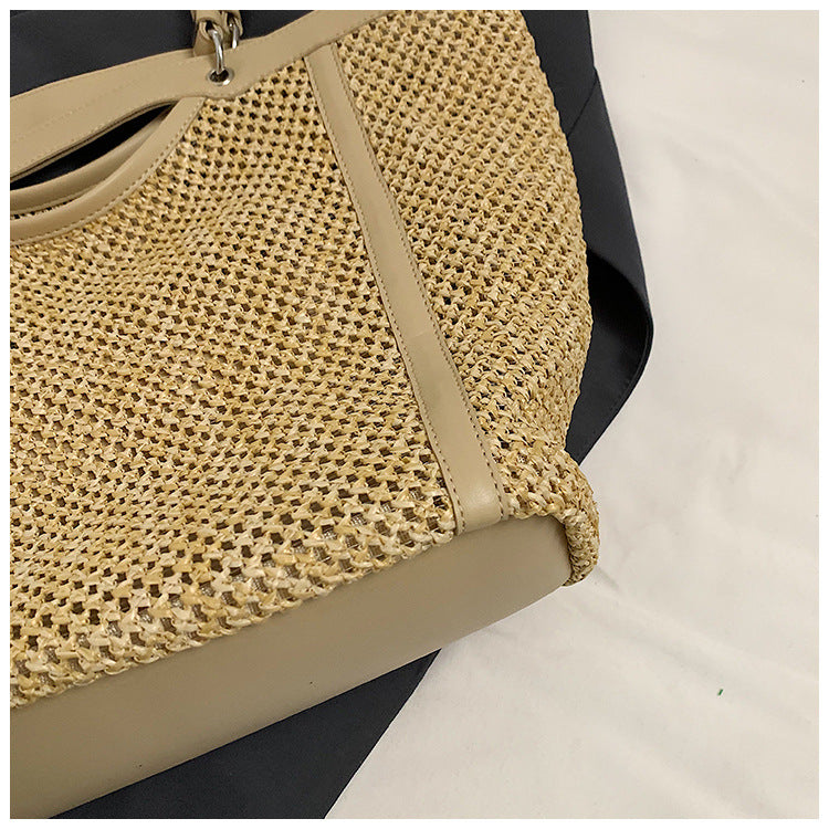 Woven Straw Beach Bag with PU Leather Trim