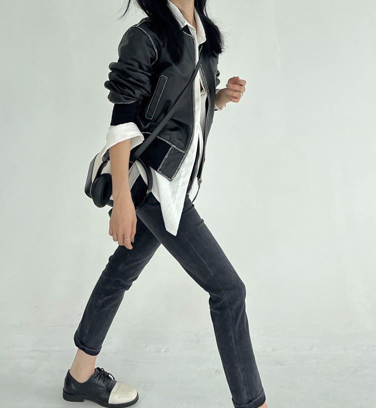 Women Leather Bomber Jacket Black Slim Fit Moto Coat