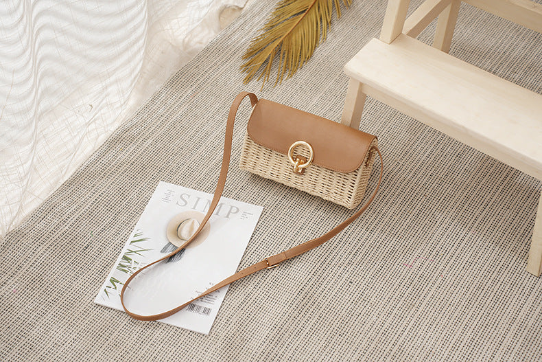 Rattan Crossbody Bag with Leather Flap