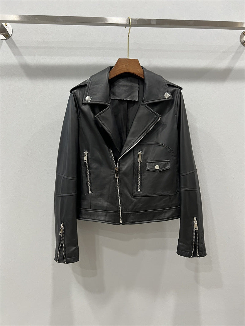 Women’s Genuine Leather Bomber Moto Jacket Black Short Fit