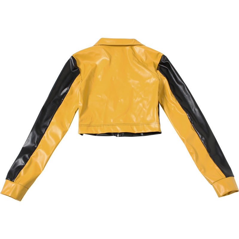 Yellow and Black Faux Leather Biker Jacket Women