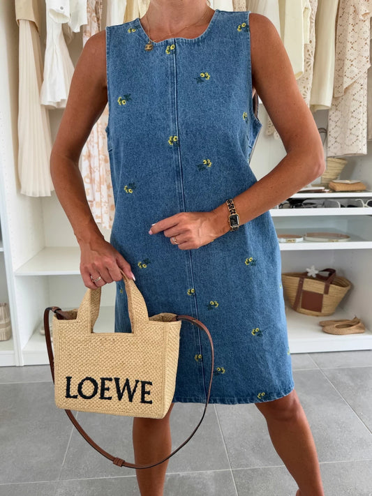 Sleeveless Denim Dress with Floral Embroidery