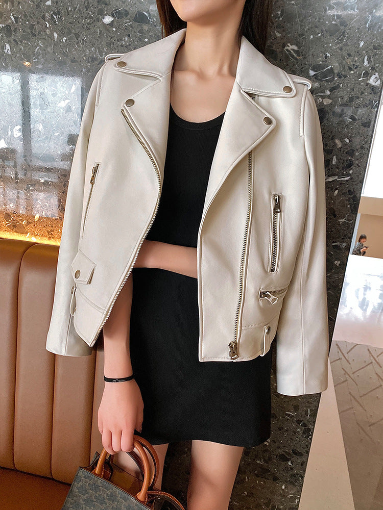 Women Leather Moto Jacket Cropped Motorcycle Jacket