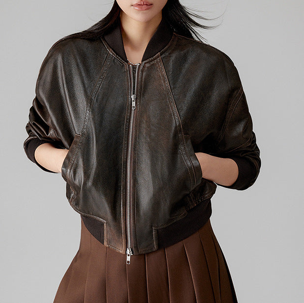 Women’s Genuine Leather Bomber Jacket Retro Baseball Style Coat