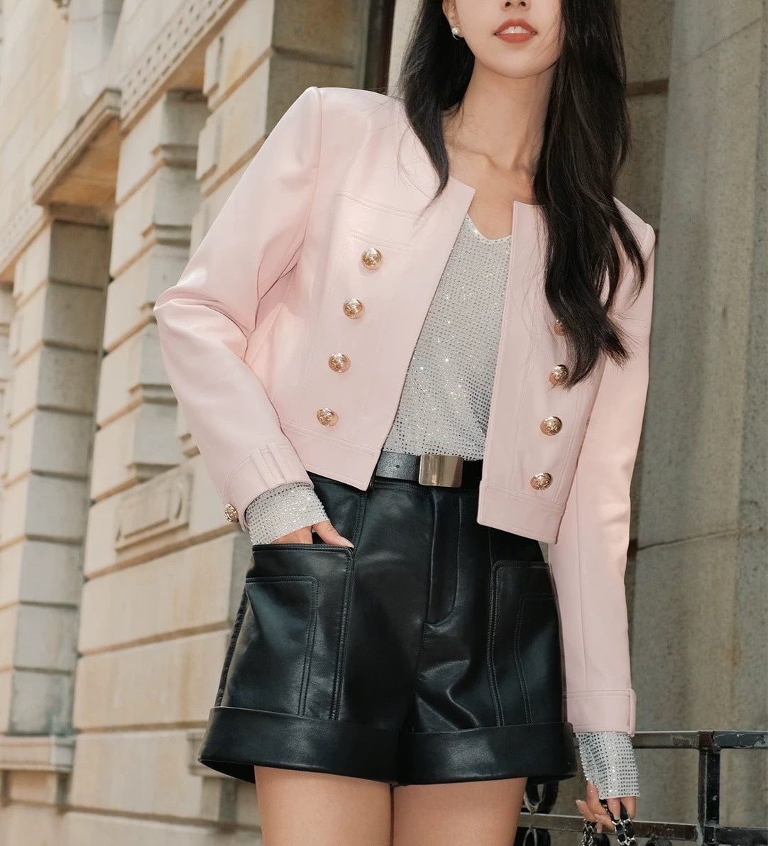 Women Cropped Leather Jacket Round Neck with Gold Buttons