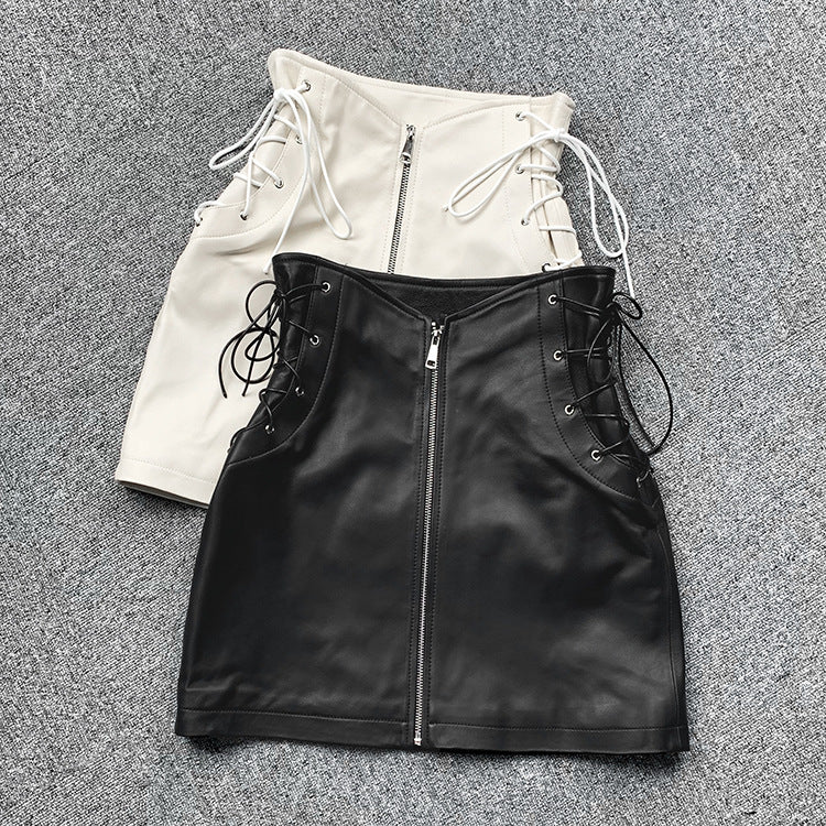 Leather Mini Skirt High Waist Front Lace-Up
