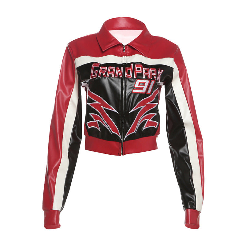 Red Faux Leather Bomber Jacket Women Moto Style