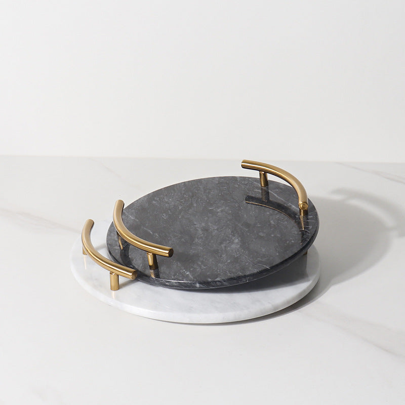 Natural Marble Round Jewelry Tray with Gold Metal Handles