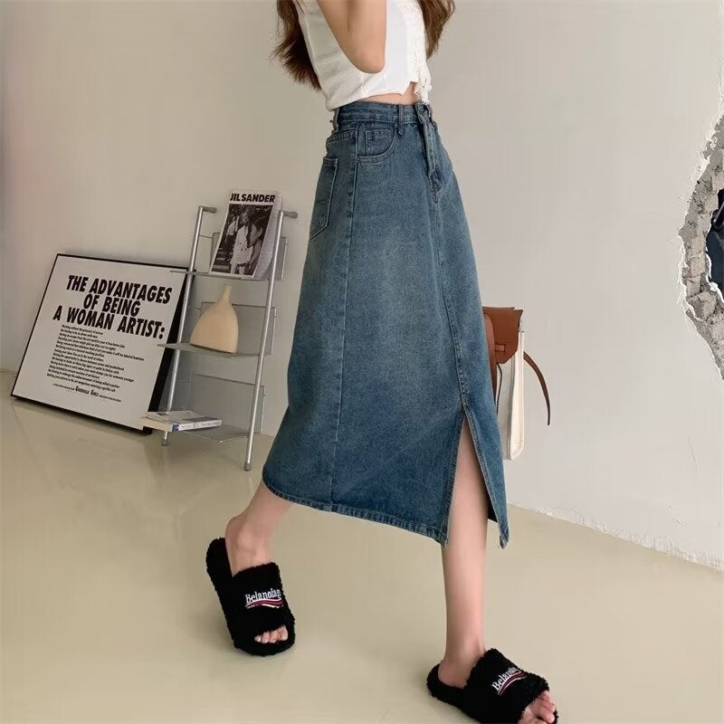 High Waist Denim Maxi Skirt