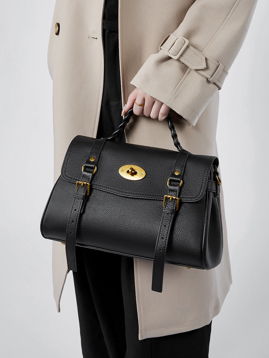 Black Leather Shoulder Bag for Women Braided Handle