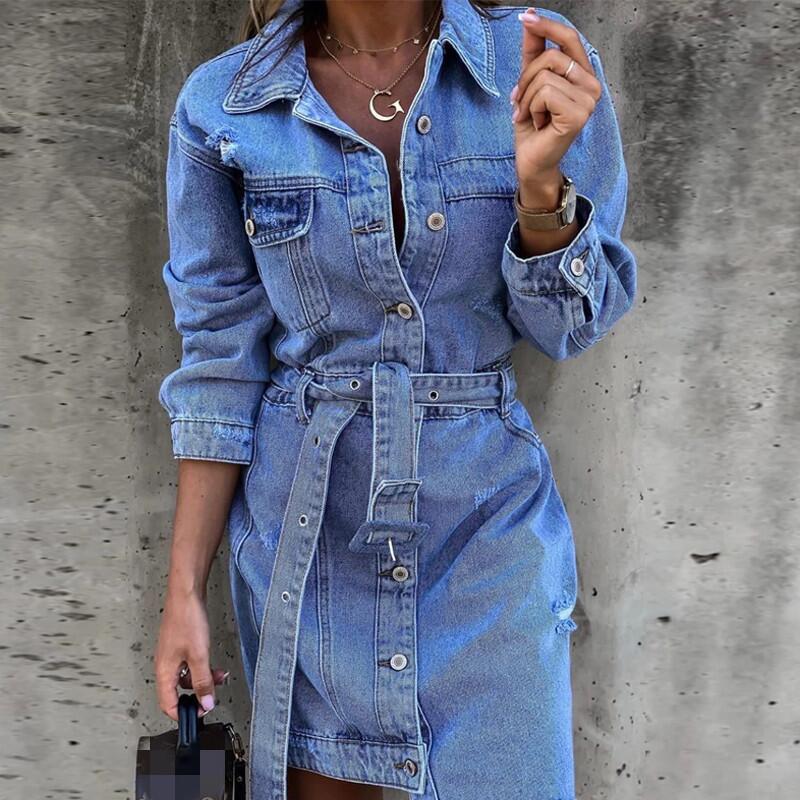 Women’s Long Sleeve Button Front Denim Dress with Belt