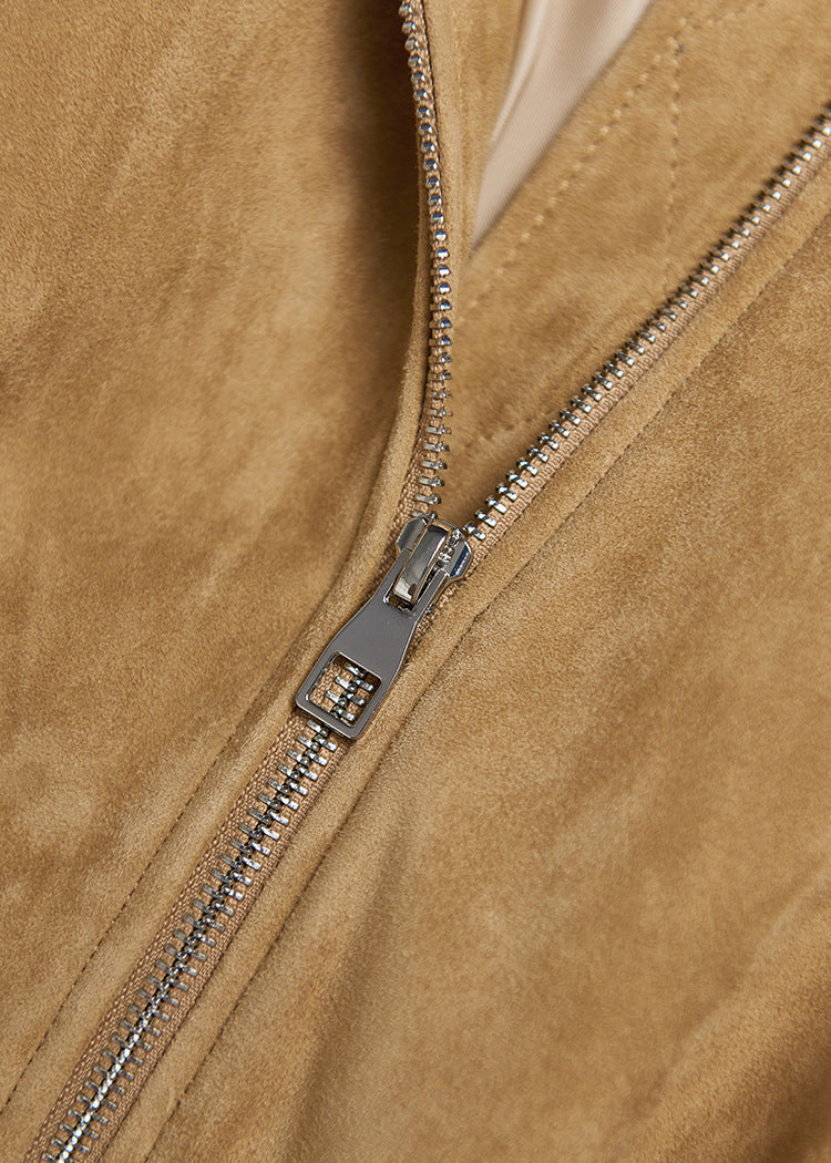 Tan Real Suede Leather Jacket for Women with Drawstring Hem