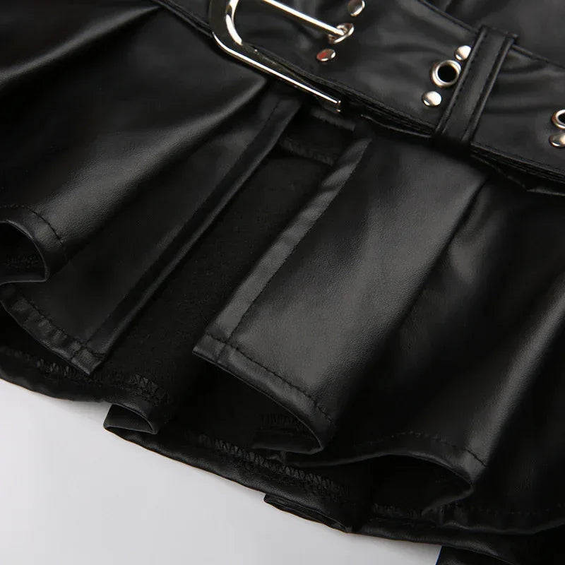 Imitation Leather Belted Mini Skirt