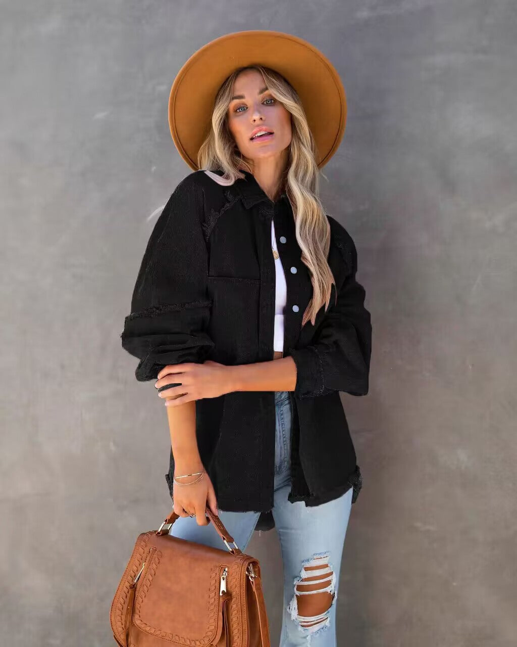 Oversized Denim Long Jacket Women Frayed Hem
