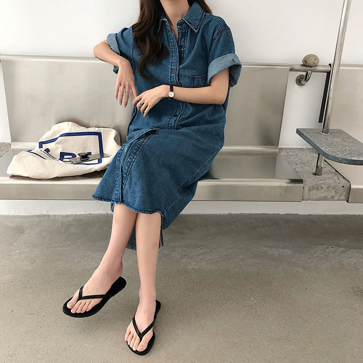 Short Sleeve Denim Shirt Dress for Women Loose Jean