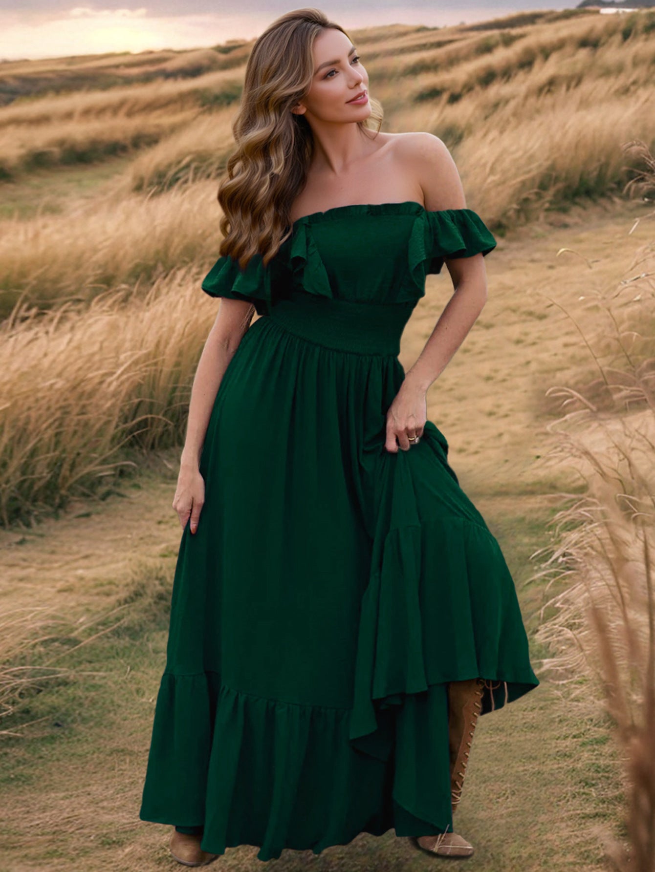 Green Ruffle Maxi Dress for Petite Women Wedding Gown