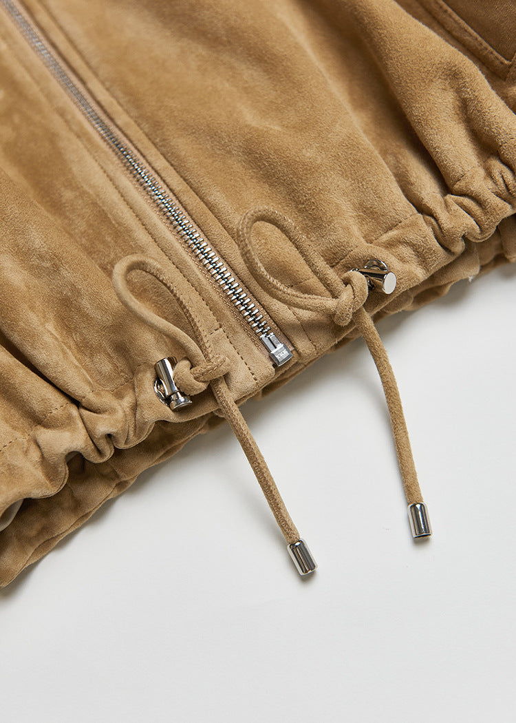 Tan Real Suede Leather Jacket for Women with Drawstring Hem